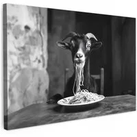 OneMillionCanvasses® Leinwandbild Ziege - Teller - Spaghetti - Schwarz und weiß, Fotodruck (1 St), Küchenbilder Modern, Deko Bilder für die Küche 30x20 cm