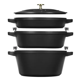 Staub Stackable Set Kochtopfset 3-tlg, rund, Schwarz, Gusseisen