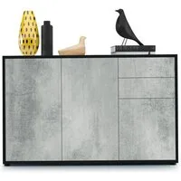 Vladon Kommode Ben V3 (Kommode, mit 3 Türen und 2 Schubladen), Schwarz matt/Beton Oxid-Optik (117 x 74 x 36 cm)