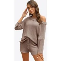 Imily Bela Hausanzug Damen Zweiteiliges Pyjama-Set (Set, 2 tlg., Schulterfreier Strickpullover + Kurze Hose) Einfarbig