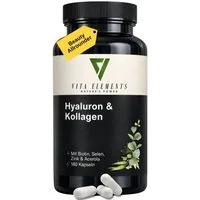 Vita Elements Hyaluron & Kollagen Komplex Kapseln, 180 St., Hochdosiert & Bioverfügbar Frei von Gentechnik Laborgeprüft