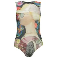 Desigual Badeanzug Damen-Body in Grün mit Print, hohem Kragen & breiten Schultern