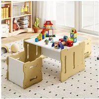 COSTWAY Kindersitzgruppe, (3-tlg), Kleinkind-Set mit 2 Hockern, Holz