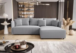 Ecksofa Schlafsofa EVORA Stoff Poso Hellgrau Ottomane Rechts