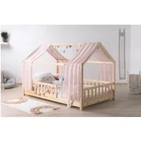 Ticaa Hausbett Kim mit Rausfallschutz aus Kiefer, Kinderbett 90x200, inkl. Tüll-Set, mit Rollrost