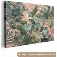OneMillionCanvasses® Leinwandbild Zusammensetzung der Blätter - Grün - Rosa, Fotodruck (1 St), Leinwand Bilder Klein, Wand Dekoration Aesthetic 30x20 cm