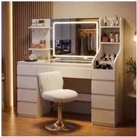 HOMALL Schminktisch Dreifarbiger, LED-beleuchteter Schminktisch Extra großer Stauraum (Maße: 135 × 40 × 137 cm, Arbeitsplatte aus gehärtetem Glas, mit 7 offenen Ablagefächern + 9 Schubladen, 2 Steckdosen + 1 USB-Anschluss + 1 Typ-C-Anschluss, Halteru