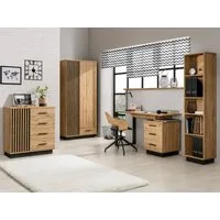 Beautysofa Jugendzimmer-Set LAMELO im modernen Loft-Stil, (Holzoptik mit schwarzen Details, Set 4-teilig: Kleiderschrank, Bücherregal, Schreibtisch und Kommode), Möbelset fürs Büro