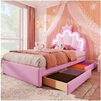 Flieks Polsterbett, LED Kinderbett mit krone-Form Prinzessinnenbett 90x200cm 2 Schubladen