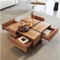 BBWL Couchtisch Moderner Couchtisch 78x78x36 cm in Schwarz & Holzoptik (4 Schubladen & Ablage, einzigartiges Farb-/Liniendesign, quadratischer Wohnzimmertisch mit viel Stauraum)