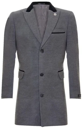 Herren 3/4 grauer langer Crombie-Mantel, Fischgrät-Tweed-Mantel, Peaky Blinder