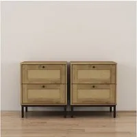 OTTO home Nachtkommode Motala Schlafzimmerschrank Garderobe Boho Eichen-Design (Set, 2 Schränke im Set - Eichen-Design mit schwarzen Griffen), Nachttisch Set mit je 2 Schubladen mit wiener Geflecht optik