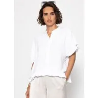 SASSYCLASSY Kurzarmbluse Oversize Musselin Hemdbluse Damen mit Rüschensaum Kurzärmelige Musselinbluse aus Baumwolle mit V-Ausschnitt