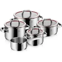 WMF Topf-Set Function 4, Glasdeckel mit 4 Abgießfunktionen, poliert, unbeschichtet, Cromargan® Edelstahl Rostfrei 18/10 (Set, 9-tlg., 1x Bratentopf 20cm, 3x Fleischtopf 16/20/24cm, 1x Stielkasserolle 16cm), Induktions Töpfe Set, Innenskalierung, für 