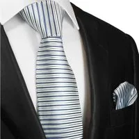Paul Malone Krawatte Herren Seidenkrawatte mit Tuch modern gestreift 100% Seide (Set, 2-St., Krawatte mit Einstecktuch) Breit (8cm), blau silber 429