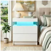 oyajia Nachttisch Hochglanz Nachtschrank mit 2 Schubladen,LED-Beleuchtung 16 Farben (Nachttisch mit LED Streifen, Beistelltisch), Nachttisch mit einstellbare Farben,Sofatisch, 45x35x55 cm Schwarz/Weiß