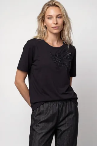 monari - T-Shirt mit Blumenschmuckdetail dark grey - Gr. - 44