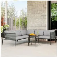 Outsunny Sitzgruppe mit Ecksofa, Tisch, Kissen, (4 teiliges Lounge-Set, 4-tlg., Gartenmöbel Set aus Polyrattan), für 6 Personen, für Garten, Balkon, Dunkelgrau