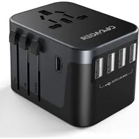 Redagod Universal Reiseadapter Weltweit USB-C Schnellladeadapter 224 Länder Reiseadapter AU Stecker, EU Stecker, UK Stecker, US Stecker zu USB-A, USB-C, AC Steckdose, 224 Länder kompatibel, USB-C Schnellladung, 4x USB, Doppel­sicherung