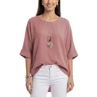 dy_mode Kurzarmbluse Damen Bluse Oversize Tunika Leichte Viskosebluse Oberteil Einfarbig in Unifarbe, High-Low Saum, mit passende Kette