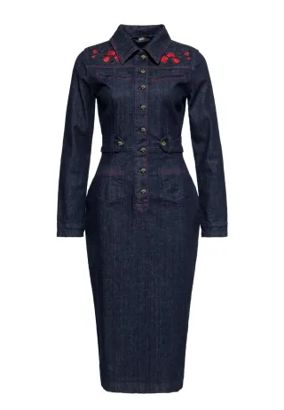 Queen Kerosin Damen Western Pencil Kleid Roses Denim