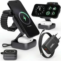 GreenHec Ladestation Apple Watch iPhone 3in1 MagSafe Wireless Charge Ladegerät Wireless Charger (3000 mA, Spar-Set, 3in1 PowerBase + USB-C Kabel + 20w Dual Charger, 17 16 15 14 13 12 Pro Max Air Kompakt Station Induktionsladegerät)