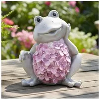 Levandeo® Dekofigur Dekofigur Frosch Grau Rosa Blüten Gartenfigur H21cm Kunststein Gartend