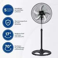 KUMTEL Standventilator 3-in-1 Ventilator Standventilator 18" 50-125cm 5 Metallflügel, 70° horizontale Schwenkfunktion (Oszillation)