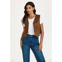 FS Collection Lederimitatweste Damen Lederimitatweste in Camel mit Knopfverschluss, Kunstlederweste (Größen: S, M, L, XL) 96,3 % Polyester, 3,7 % Elasthan