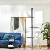PawHut Kratzbaum Höhenverstellbarer Kletterbaum, mit 3 Ebenen, Grau, 43L x 27B x 228-260H cm