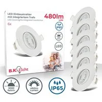 B.K.Licht LED Einbaustrahler 6 LED Bad-Einbauleuchten 230V ultraflach Feuchtraum IP65 Set, getrennt schaltbar, LED fest integriert, 2700K - Extra-Warmweiß, Einbauspots weiß Decke 5W schwenkbar Wohnzimmer Flur Küche BKL1584