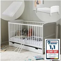 Kids Collective Babybett Kinderbett 70x140 cm umbaubares Gitterbett höhenverstellbar, herausnehmbare Sprossen, weiss Kiefer, mit Schublade und Matratze
