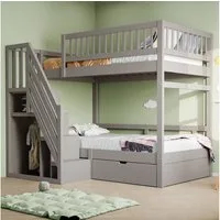 Merax Etagenbett (1-St., Hochbett Stockbett mit Sicherheitszaun), Massivholzbett Kinderbett 90x200cm mit Stauraumtreppe und Schublade