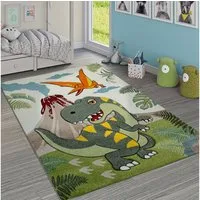 KADIMA DESIGN Kinderteppich Dinosaurier Kinderzimmer schmutzabweisend Teppich Kinder, Rechteckig, Höhe: 16 mm, Florhöhe: 12 mm, 100% Polypropylen, Rechteckig, 120x170cm, Grün