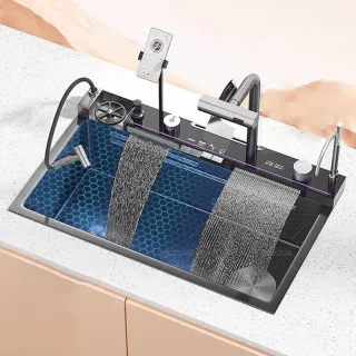 80x46cm Kitchen Double Waterfall Sink Integrated Cold Hot Water Faucet Digital Display 304 Stainless Steel Scratch Resis