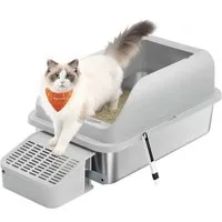 FEANDREA Katzentoilette Edelstahl, mit hohen Seitenwänden, Trittstufe, Schaufel, Bürste, offenes Design, für Katzen bis zu 15 kg, 62 x 42 x 30 cm (L x B x H)