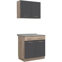 Homestyle4u Küchenzeile 80 cm ohne Geräte klein Singleküche Küchenschränke Grau matt Eiche, (Oberschränke, Unterschränke, 2 Arbeitsplatten, Einbauküche), Küchenblock, Grau/Braun, Einbauküche
