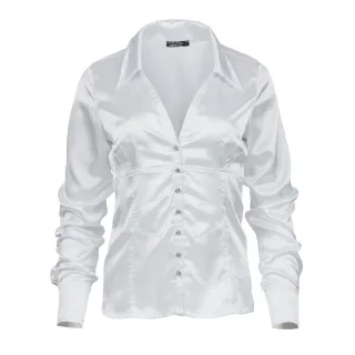 Weiße Bluse mit Satin-Finish und Strassknöpfen – Figurbetont und elegant