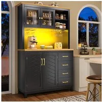 i@home Hochschrank Küchenschrank Landhausstil, 4 Türen, mit LED-Lichtleiste & Getränkehaltern