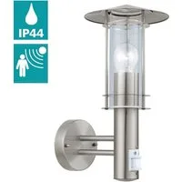 EGLO Wandleuchte LISIO Wandlampe, Edelstahl und Glas, E27, IP44, Außenlampe, Lampe, Bewegungsmelder, Leuchtdauer einstellbar, ohne Leuchtmittel, Wandleuchte, Terasse, L17,5 x H36 x AL22,5cm, edelstahl, 1X60W exkl.