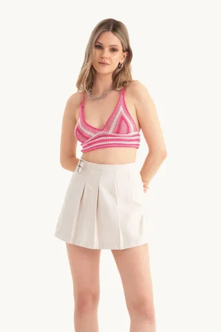 Gestreifter V-Ausschnitt Gestrickter Häkel-Crop-Top