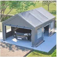 BBWL Gerätehaus Garage mit UV-Schutz, wasserdichter PE-Plane, Rolltoren & Fenstern, BxT: 396x611 cm, Autozelt 6x4x3 m Allwetter Garage Grau