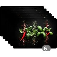 MuchoWow Platzset Chili - Basilikum - Blätter - Rot, (6-St), Platzsets, Tischset, Abwaschbar, Tischsets, Platzdeckchen