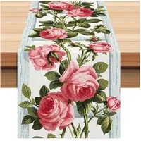 LAPAPRO Tischläufer Rosa Rose Leinen Tischläufer Druck Pastoraler Stil Tischdekoration, Digitaldruck