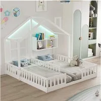 Merax Kinderbett 90×200cm Bodenbett mit LED-Licht, Jugendbett im Hausdesign (1-tlg), Doppelbett 90×200cm mit Sicherheitsgeländer, Ablagefach & Lattenrost