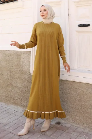 Stein Detailed Cuff Strick Kleid Khaki