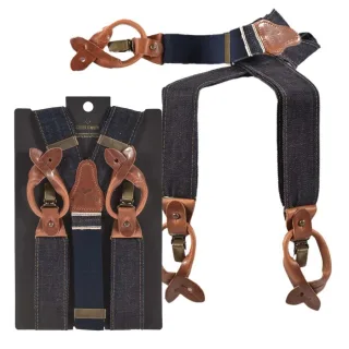Sir Redman Hosenträger Herren Candiani Denim 35mm blau-cognac. Ein stilvolles Accessoire-Set aus Baumwoll-Mix für einen markanten Vintage-Auftritt.