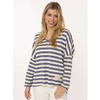 Zwillingsherz T-Shirt "Streifen & Jersey" Streifenmuster, V-Neck, offene Kanten für Used Look
