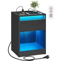 VASAGLE Nachttisch mit einstellbarer LED-Beleuchtung, Steckdosen und Schublade (1-St), 2 AC-Steckdosen, 2 USB-Anschlüsse, modern, 1er/2er Set