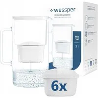 Wessper Kalk- und Wasserfilter aus Glas, D2 Borosilicate Glaskanne 3,0 L inkl. 6 AQUAMAX Kartuschen, Zubehör für : kompatibel mit Brita Maxtra, Maxtra +, Reduzier Kalk, Chlor sowie Schwermetalle, bis zu 200L pro Kartusche